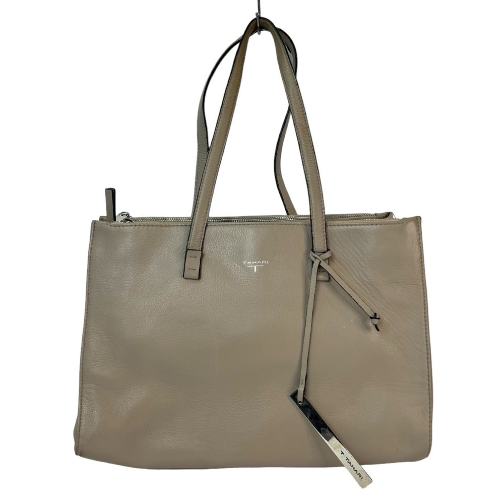 T Tahari Leather Tote Bag Tan Structured Everyday Work Shoulder Bag Zip Neutral